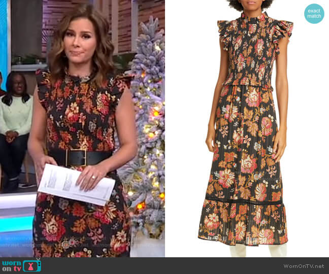 Sea Pascale Floral Smocked Cotton Midi Dress worn by Rebecca Jarvis on Good Morning America