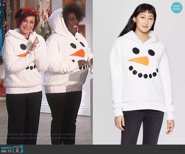 Target Sherpa Hooded Snowman Ugly Holiday Sweatshirt worn by Sharon Osbourne on The Talk