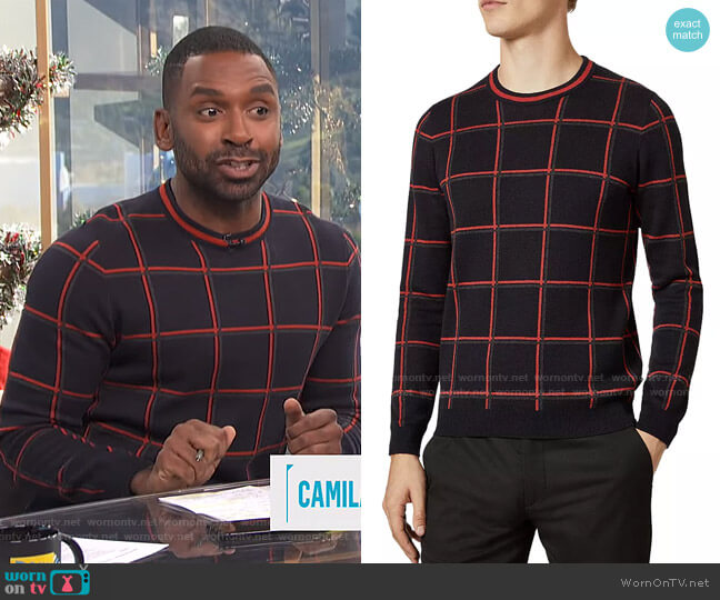 Ted Baker Triton Check Crewneck Sweater worn by Justin Sylvester on E! News