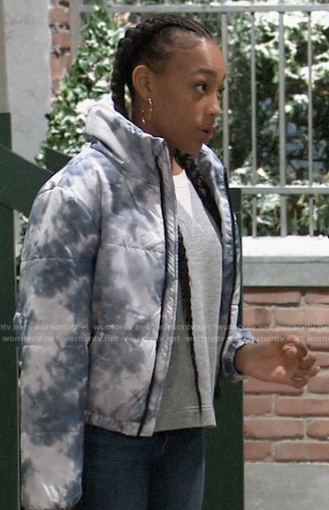 Trina’s blue tie dye puffer jacket on General Hospital