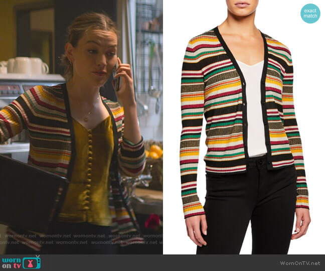 Veronica Beard Keke Striped Ribbed Cardigan worn by Love Quinn (Victoria Pedretti) on You
