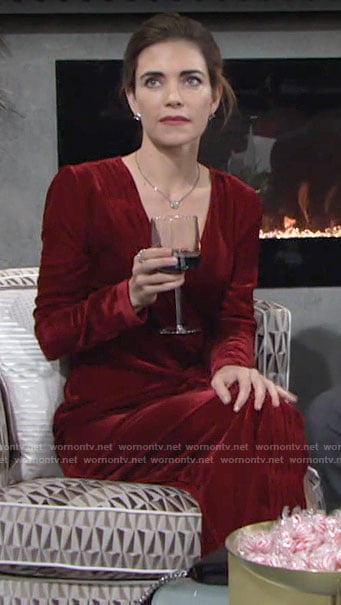 Victoria’s red velvet long sleeve dress on The Young and the Restless