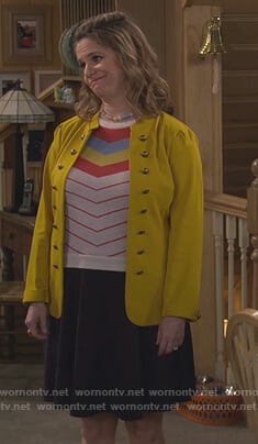 Kimmy’s white stripe sweater and yellow jacket on Fuller House