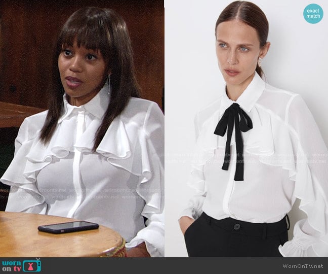 Zara Ruffled Shirt with Bow worn by Amanda Sinclair (Mishael Morgan) on The Young and the Restless