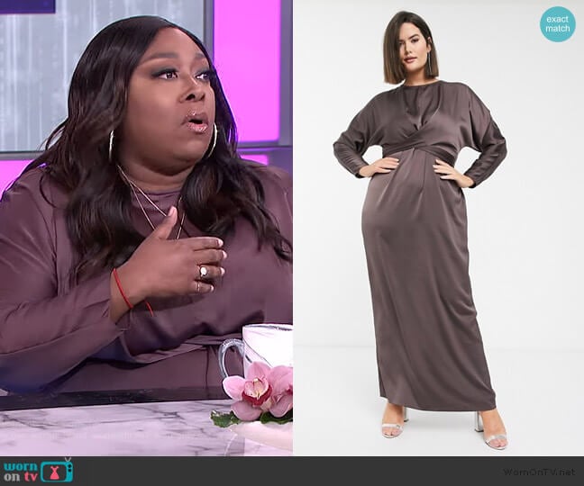 ASOS Curve Maxi Dress with batwing sleeve and wrap waist in satin worn by Loni Love on The Real