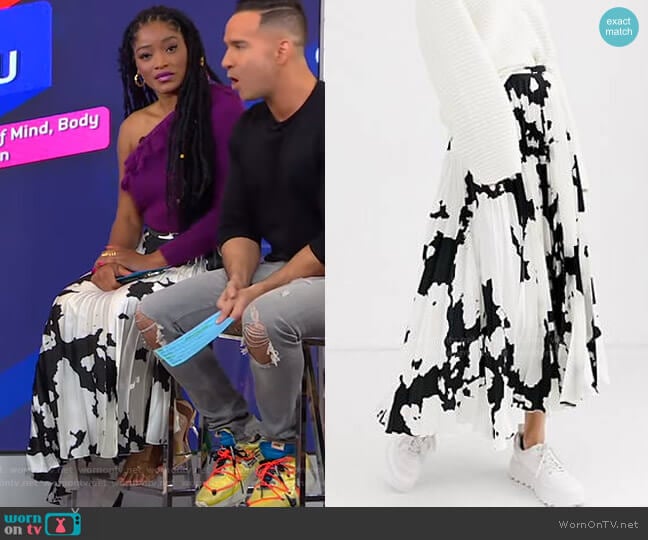 Asos Cow Print Satin Pleat Midi Skirt worn by Keke Palmer on Good Morning America