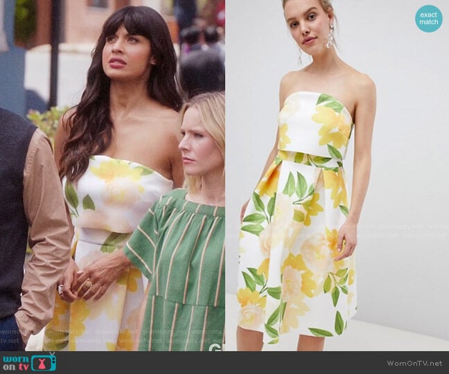 ASOS Design Floral bandeau crop top prom midi dress worn by Tahani Al-Jamil (Jameela Jamil) on The Good Place