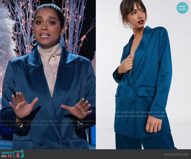 ASOS EDITION Double Breasted Blazer in Satin worn by Lilly Singh on A Little Late with Lilly Singh