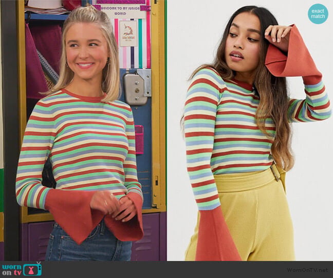 ASOS Petite skinny crew neck sweater with flared sleeve in stripe worn by Katie Cooper (Isabel May) on Alexa & Katie