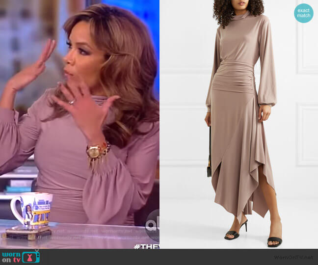 Aaizel Asymmetric draped stretch-jersey turtleneck midi dress worn by Sunny Hostin on The View