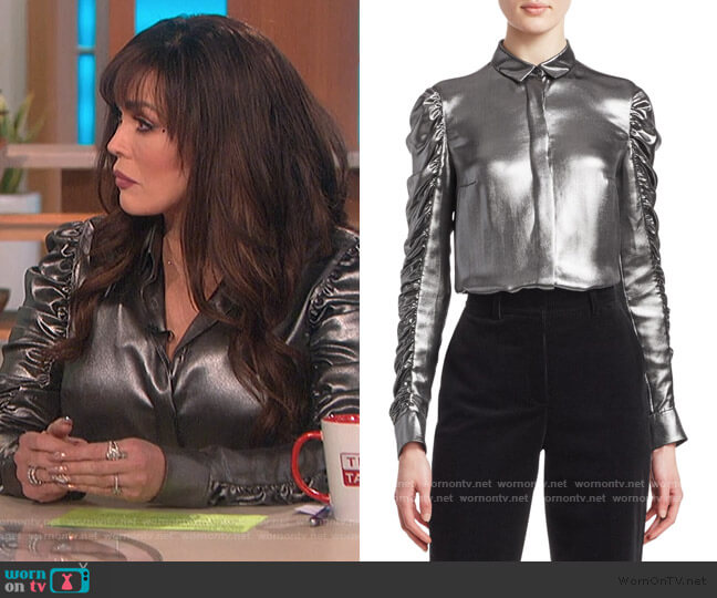 Akris Punto Metallic Ruched Sleeve Blouse worn by Marie Osmond on The Talk