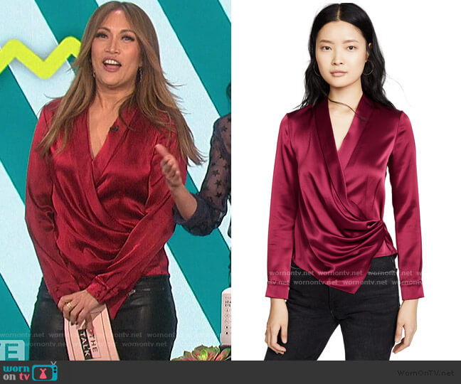 Alice + Olivia Aurora Gathered Satin Wrap Blouse worn by Carrie Inaba on The Talk
