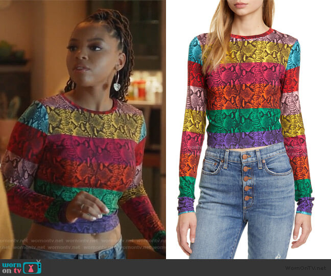 Alice + Olivia Delaina Stripe Crop Top worn by Jazlyn Forster (Chloe Bailey) on Grown-ish