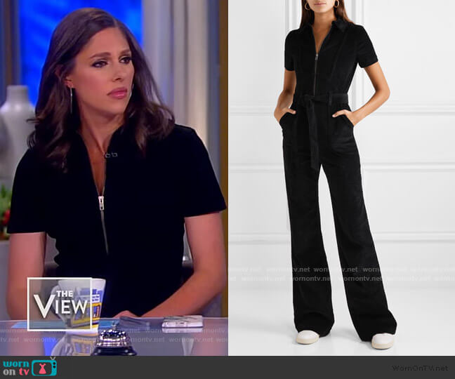 Alice + Olivia Gorgeous belted cotton-blend corduroy jumpsuit worn by Abby Huntsman on The View