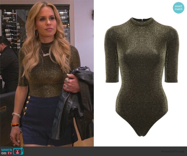 Alice + Olivia Nisha metallic bodysuit worn by Jackie Goldschneider on The Real Housewives of New Jersey
