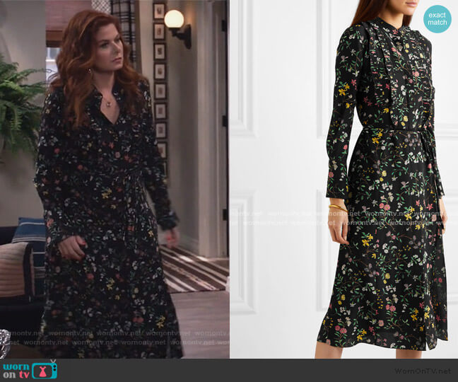 Altuzarra League floral-print silk dress worn by Grace Adler (Debra Messing) on Will and Grace
