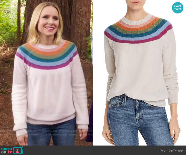 Aqua Rainbow-Stripe Cashmere Sweater worn by Eleanor Shellstrop (Kristen Bell) on The Good Place