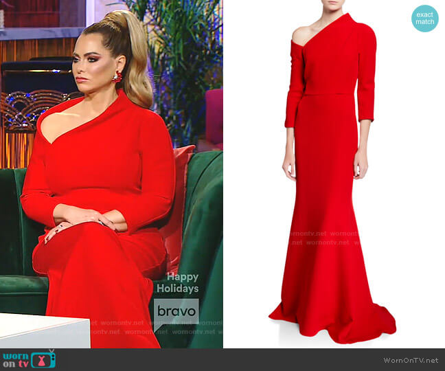Badgley Mischka Couture One-Shoulder Crepe Gown with Structured Neckline worn by D’Andra Simmons on The Real Housewives of Dallas