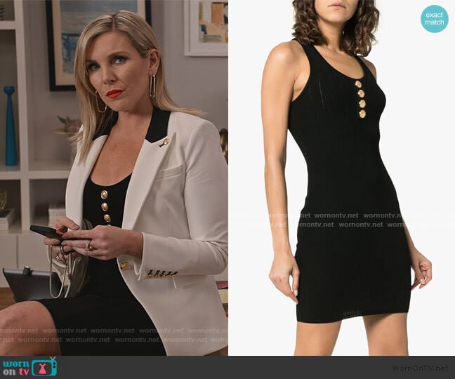 Balmain Sleeveless Button Detail Knit Mini Dress worn by Brianna (June Raphael) on Grace and Frankie