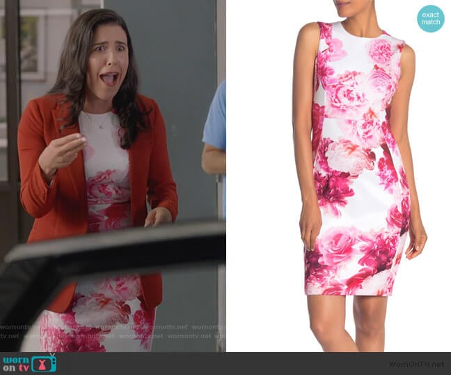Calvin Klein Floral Print Sheath Dress worn by Shannon Ross (Nicole Power) on Kims Convenience