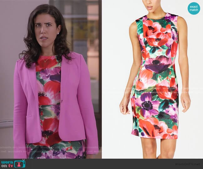 Calvin Klein Floral Printed Sheath Dress worn by Shannon Ross (Nicole Power) on Kims Convenience
