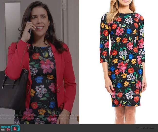 Calvin Klein Floral Print Sheath Dress worn by Shannon Ross (Nicole Power) on Kims Convenience