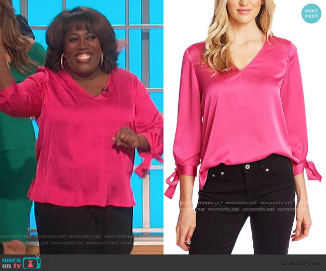 CeCe V-Neck Satin Blouse With Tie Sleeves worn by Sheryl Underwood on The Talk