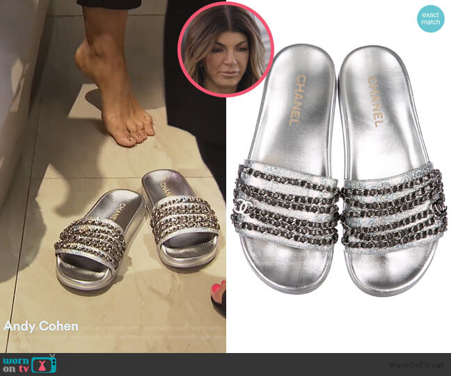 Chanel Hologram Logo Chain Slides worn by Teresa Giudice on The Real Housewives of New Jersey