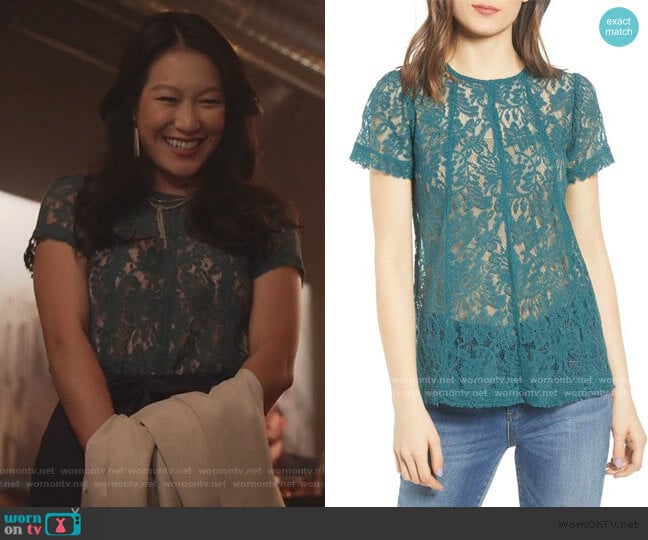Chelsea28 Green Lace Top worn by Sumi (Kara Wang) on Good Trouble