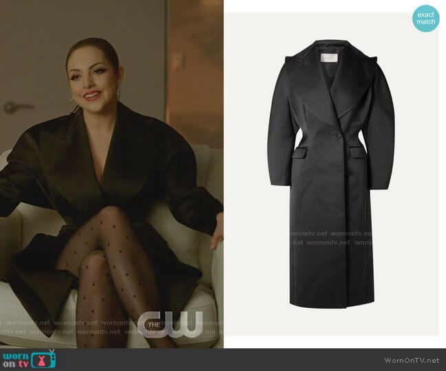 Christopher Kane Double-Breasted Duchesse-Satin Coat worn by Fallon Carrington (Elizabeth Gillies) on Dynasty