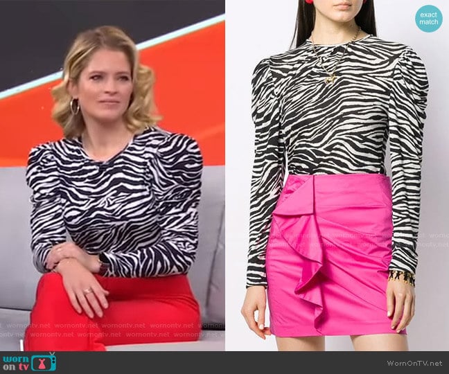 Derek Lam 10 Crosby Amara Puff-Sleeve Zebra-Print Top worn by Sara Haines on Good Morning America