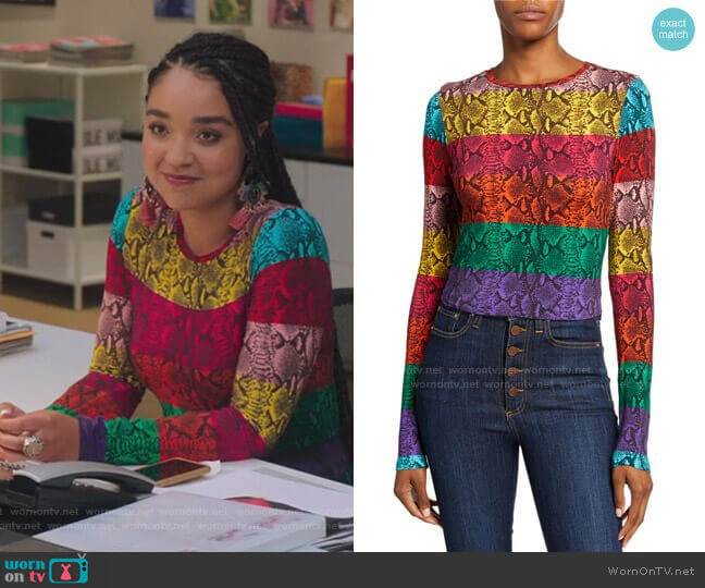 Alice + Olivia Delaina Stripe Reptile Print Crop Top worn by Kat Edison (Aisha Dee) on The Bold Type