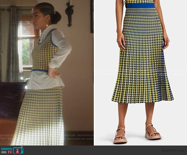 Derek Lam 10 Crosby Graphic-Gingham Jacquard Midi-Skirt worn by Zoey Johnson (Yara Shahidi) on Grown-ish