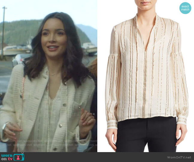 Derek Lam 10 Crosby Metallic V-Neck Blouse worn by Bess (Maddison Jaizani) on Nancy Drew