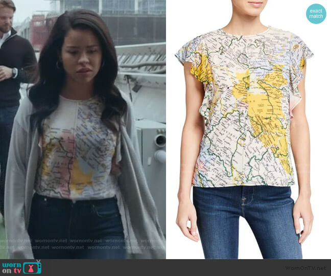 Derek Lam 10 Crosby Ruffle-Sleeve Map Crewneck Top worn by Mariana Foster (Cierra Ramirez) on Good Trouble