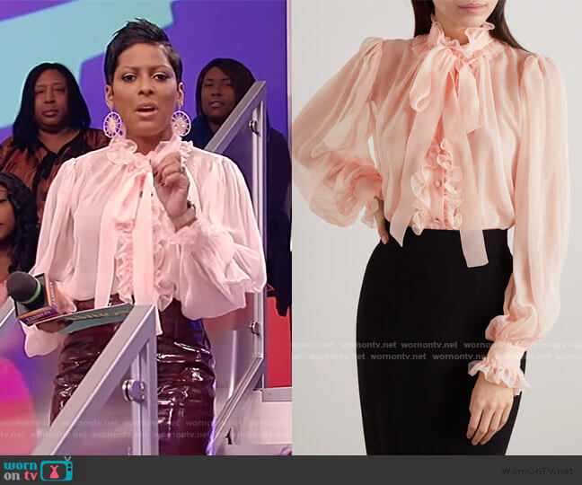Dolce & Gabbana Pussy-bow ruffled silk-chiffon blouse worn by Tamron Hall on Tamron Hall Show