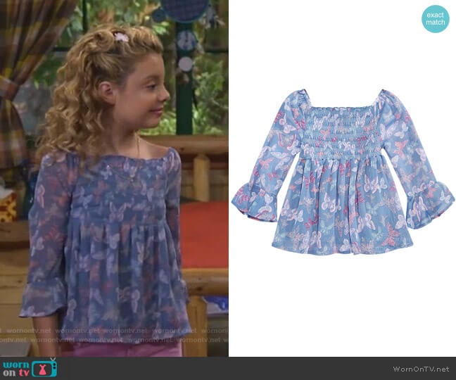 Epic Threads Smocked Butterfly-Print Top worn by Destiny Baker (Mallory James Mahoney) on Bunkd