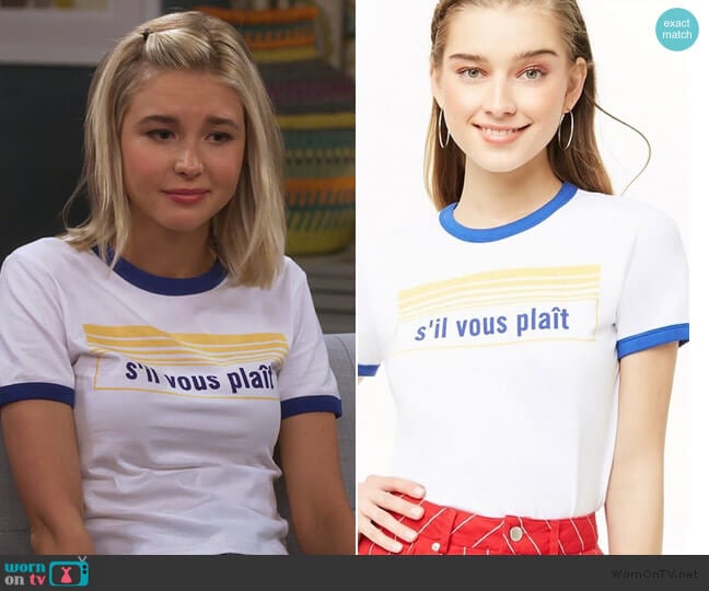 Forever 21 Sil Vous Plait Print Tee worn by Katie Cooper (Isabel May) on Alexa & Katie