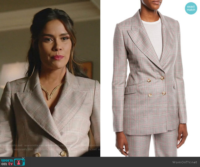 Gabriela Hearst Angel Double-Breasted Cashmere Plaid Suiting Blazer worn by Cristal Jennings (Daniella Alonso) on Dynasty