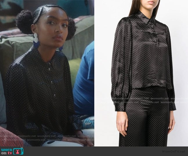 Ganni Half Buttoned Cropped Shirt worn by Zoey Johnson (Yara Shahidi) on Grown-ish