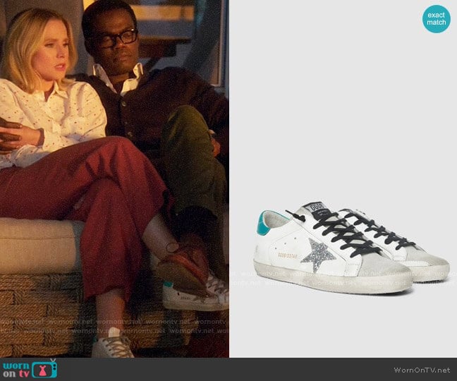 Golden Goose Superstar Glitter Star Green Tab Leather Sneakers worn by Eleanor Shellstrop (Kristen Bell) on The Good Place