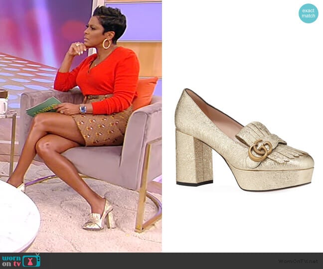 Gucci Marmont Metallic Kiltie Platform Pumps worn by Tamron Hall on Tamron Hall Show