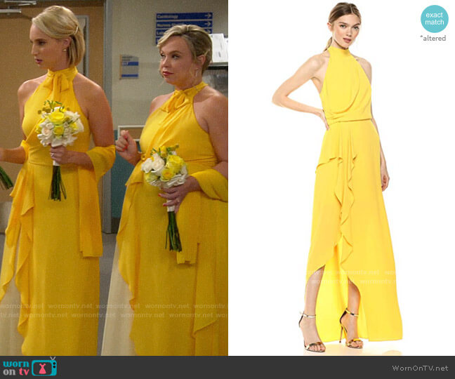 Halston Sleeveless Mock-Neck Gown with Drape Front Detail worn by Kristin Baxter (Amanda Fuller) on Last Man Standing