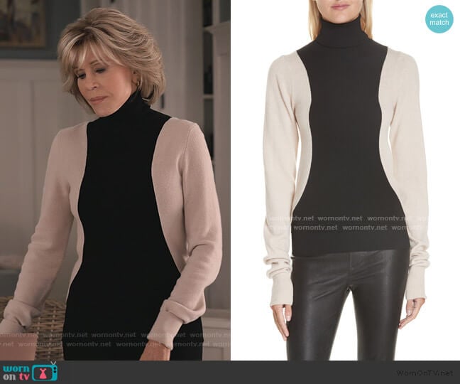 Helmut Lang Colorblock Wool Blend Turtleneck Sweater worn by Grace (Jane Fonda) on Grace and Frankie