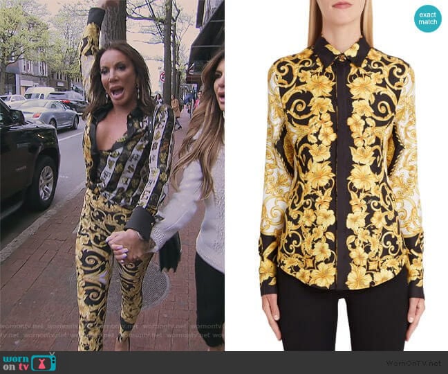 Versace Hibiscus Print Silk Shirt worn by Danielle Staub on The Real Housewives of New Jersey