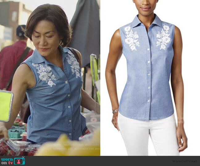 Karen Scott Embroidered Sleeveless Tank Top Petites Chambray worn by Mrs Kim (Jean Yoon) on Kims Convenience