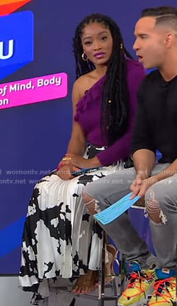 Keke’s purple one-shoulder sweater and printed skirt on GMA Strahan Sara And Keke