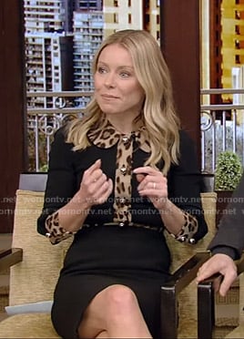 Kelly’s black dress with leopard trim on Live with Kelly and Ryan