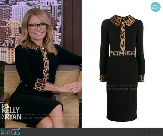 Dolce & Gabbana Leopard Trim Long Sleeve Sheath Dress worn by Kelly Ripa on Live with Kelly and Mark