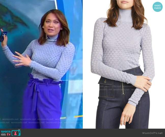 Cinq a Sept Lilette Metallic Pointelle Turtleneck worn by Ginger Zee on Good Morning America